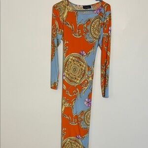 THE CURVE LA Orange & Light Blue Baroque Print Long Sleeve Dress